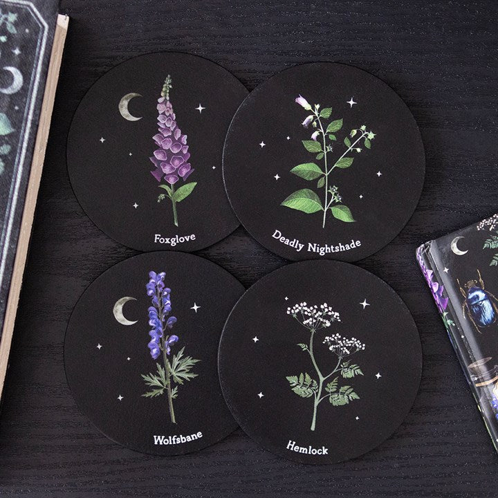 Four black MDF coasters on a dark table, each featuring an illustrated poisonous plant—foxglove, deadly nightshade, wolfsbane and hemlock—with stars and crescent moons for a unique homeware style.