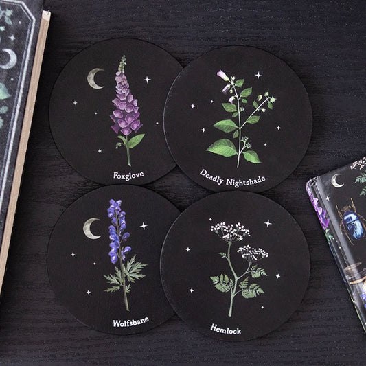 Four black MDF coasters on a dark table, each featuring an illustrated poisonous plant—foxglove, deadly nightshade, wolfsbane and hemlock—with stars and crescent moons for a unique homeware style.