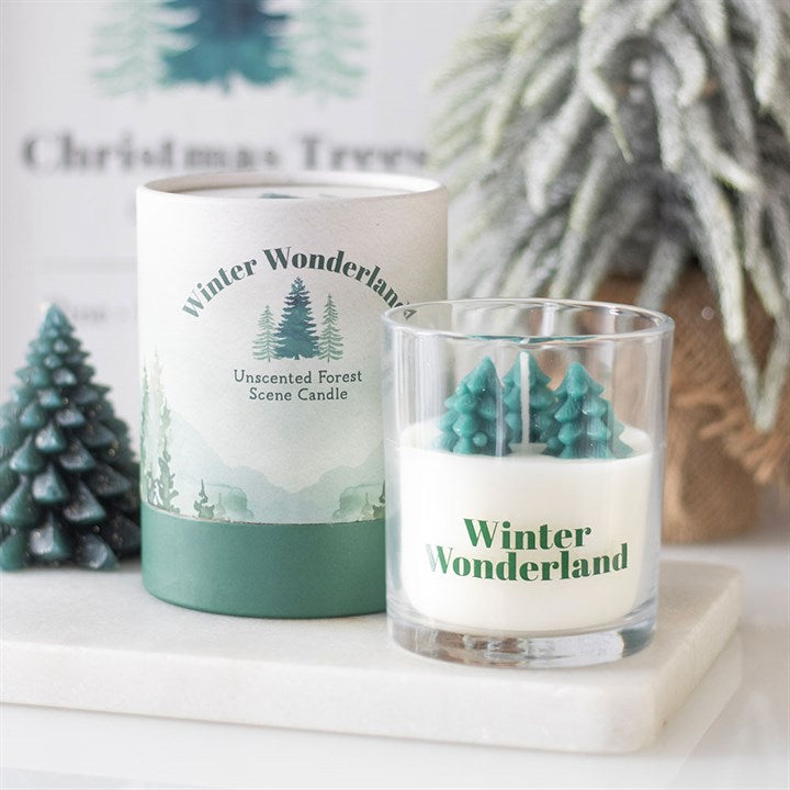 A glass winter candle labelled Winter Wonderland, with a green wax pine tree inside, sits beside its matching box adorned with green trees—perfect festive décor or a charming Christmas gift. Frosted pine and a small tree-shaped candle accent the scene.