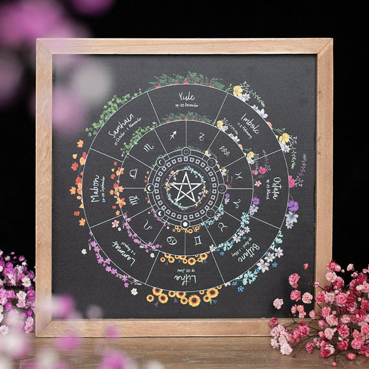 A framed wall art print of the Wheel of the Year features zodiac signs, sabbats, and months in concentric circles, accented with colourful florals on black—a spiritual home centrepiece with blurred pink and purple flowers in the foreground.