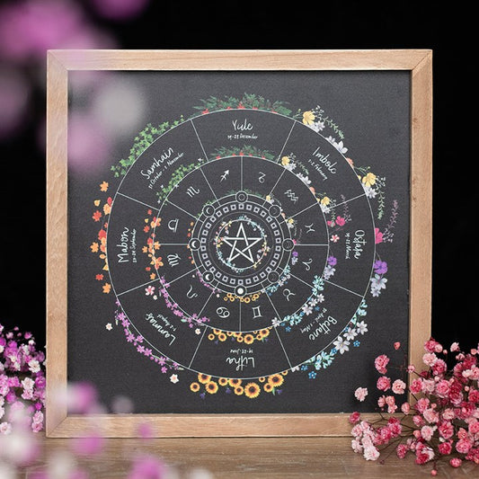 A framed wall art print of the Wheel of the Year features zodiac signs, sabbats, and months in concentric circles, accented with colourful florals on black—a spiritual home centrepiece with blurred pink and purple flowers in the foreground.
