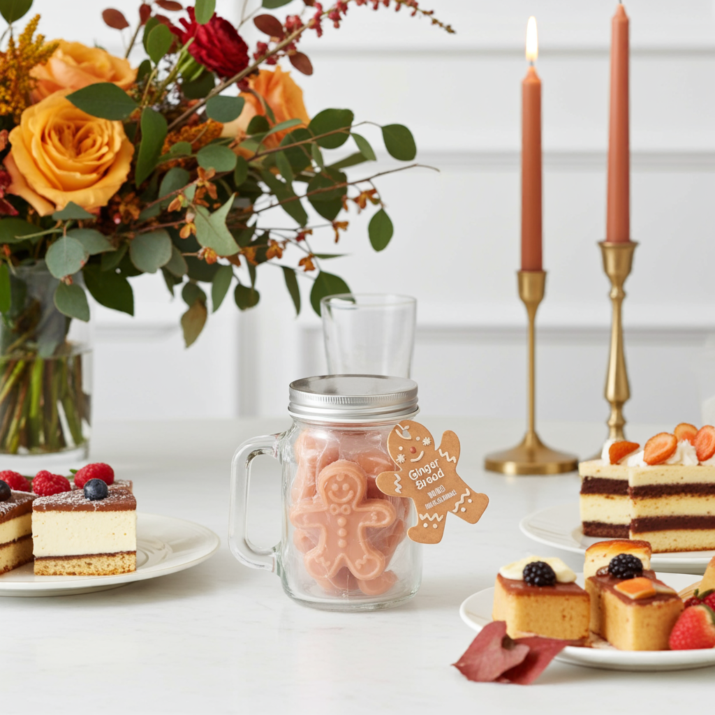 A Kilner jar holding gingerbread-shaped soap with a “Soap Bar” label rests amid festive décor, layered cakes, berry tarts, orange roses, and two lit orange candles—ideal for a hint of Christmas fragrance.