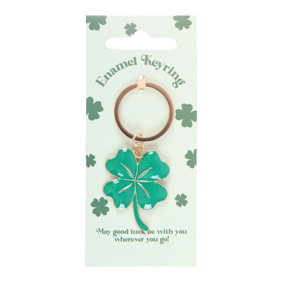 A gold four-leaf clover keyring with a green enamel charm, attached to a card featuring clover designs and the message: May good luck be with you wherever you go! A delightful St. Patrick’s Day keepsake.