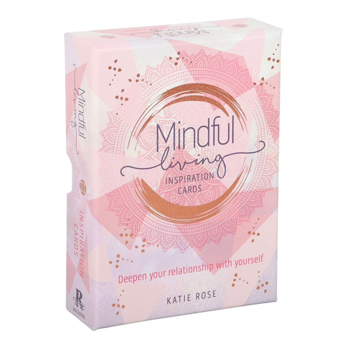 A pastel pink, purple, and gold affirmation card deck titled Mindful Living Inspiration Cards by Katie Rose, featuring geometric and mandala designs. Text below states: Deepen your relationship with yourself.