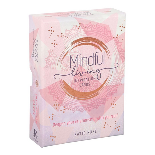 A pastel pink, purple, and gold affirmation card deck titled Mindful Living Inspiration Cards by Katie Rose, featuring geometric and mandala designs. Text below states: Deepen your relationship with yourself.