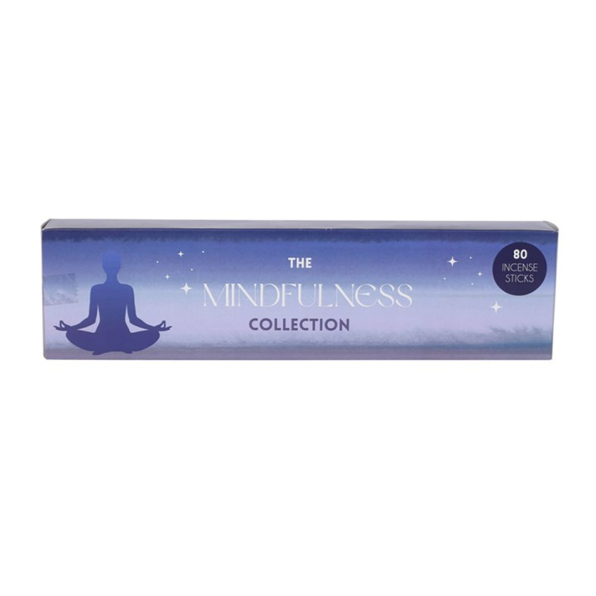 A rectangular box labelled The Mindfulness Collection features a meditating silhouette. Calming incense sticks, a blue starry background, and “80 Incense Sticks” make it a thoughtful gift idea.