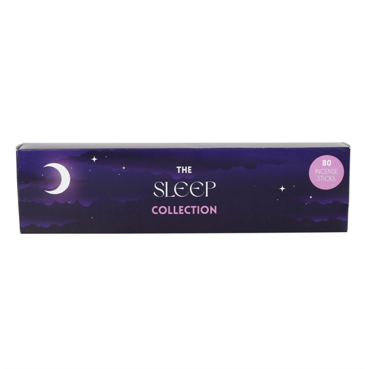 A rectangular box labelled The Sleep Collection displays a purple night sky, crescent moon, stars, and clouds. A pink circle on the right reads 80 Sleep incense sticks for restful sleep and soothing fragrance.