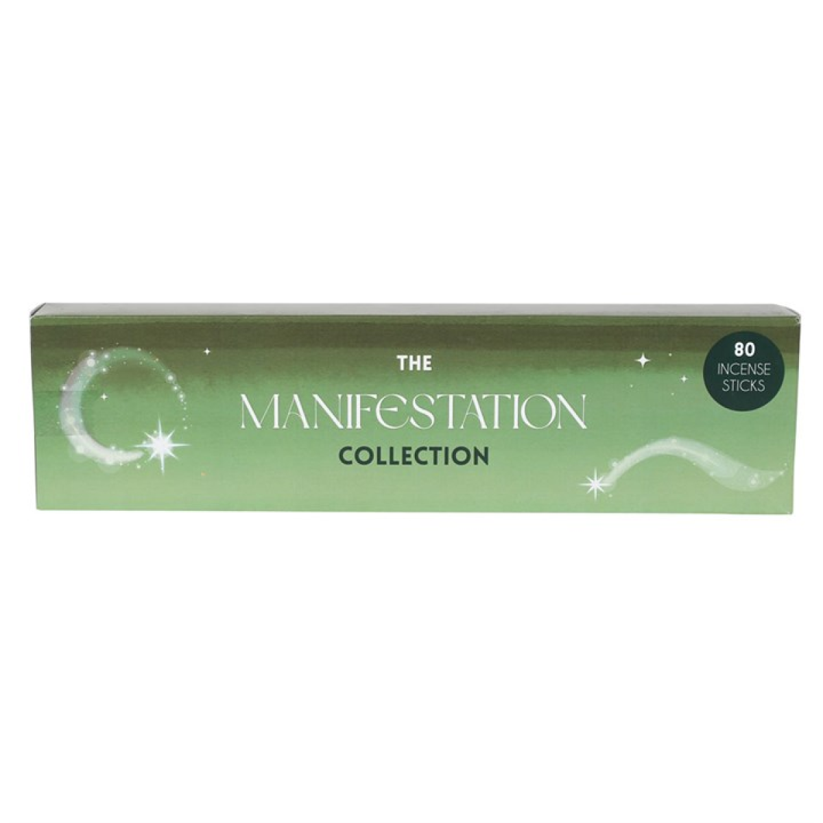 A rectangular green box labelled THE MANIFESTATION COLLECTION, adorned with white wisps and sparkles. A round blue sticker reads 80 Mindfulness incense sticks. The mystical design creates a soothing incense gift set.