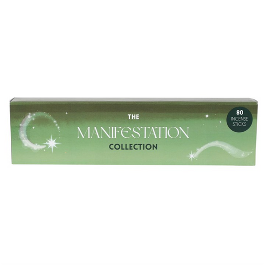 A rectangular green box labelled THE MANIFESTATION COLLECTION, adorned with white wisps and sparkles. A round blue sticker reads 80 Mindfulness incense sticks. The mystical design creates a soothing incense gift set.