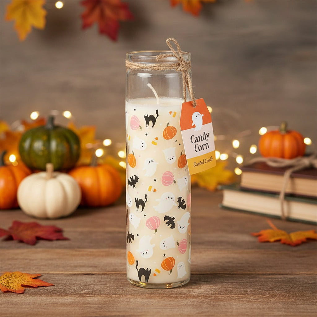 A tall Halloween candle adorned with ghosts, bats, pumpkins, and candy corn rests on a wooden table. A “Candy Corn” tag is tied with twine among mini pumpkins, books, leaves, and fairy lights for a cosy autumn atmosphere.
