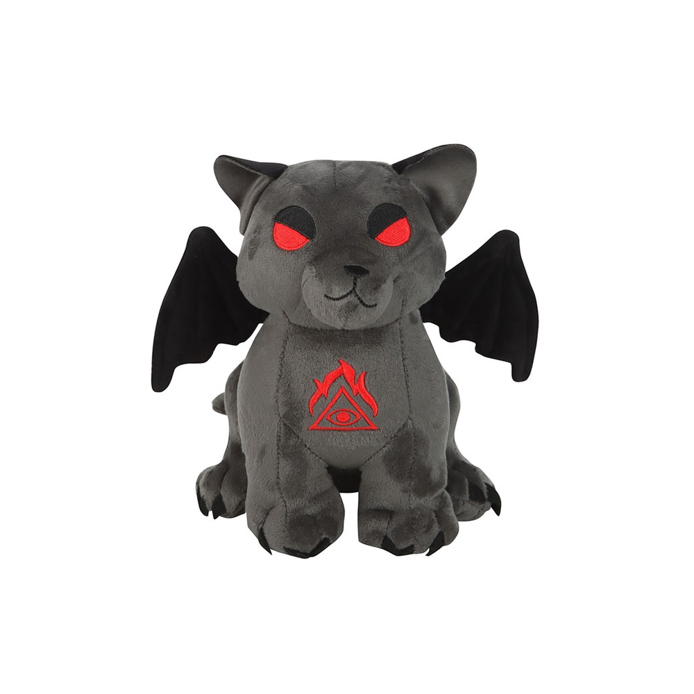 Introducing the Vampire Cat plush: a gothic-style feline with embroidered eyes, dark grey fur, and striking red eyes. It boasts bat wings and a mystical red triangle symbol with an eye on its chest, crowned by a flame-like design.