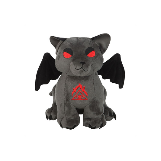 Introducing the Vampire Cat plush: a gothic-style feline with embroidered eyes, dark grey fur, and striking red eyes. It boasts bat wings and a mystical red triangle symbol with an eye on its chest, crowned by a flame-like design.