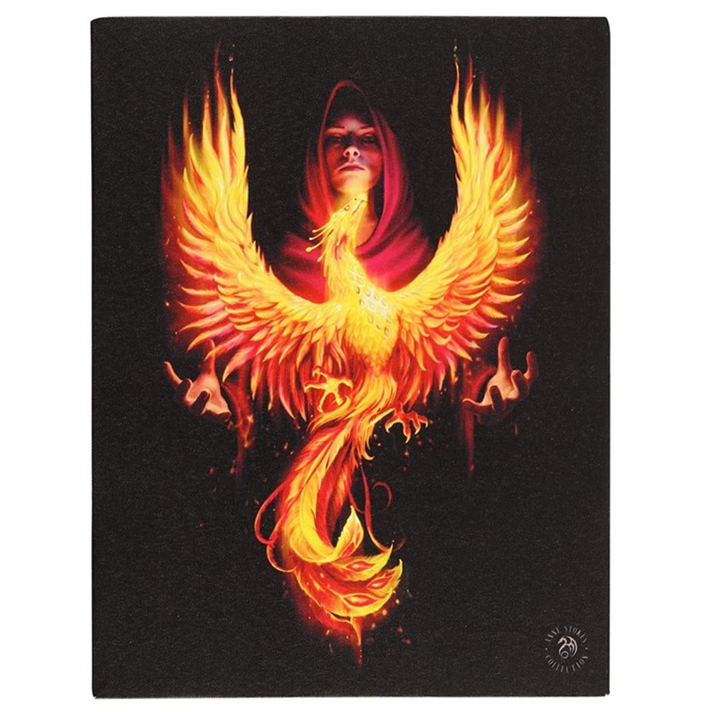 A digital artwork entitled Phoenix Rising by Anne Stokes portrays a fiery phoenix soaring from glowing flames. A hooded figure with hands raised summons the bird against a dark backdrop, enhancing its bright yellows and oranges. An emblem decorates the canvas plaque in the lower right corner.