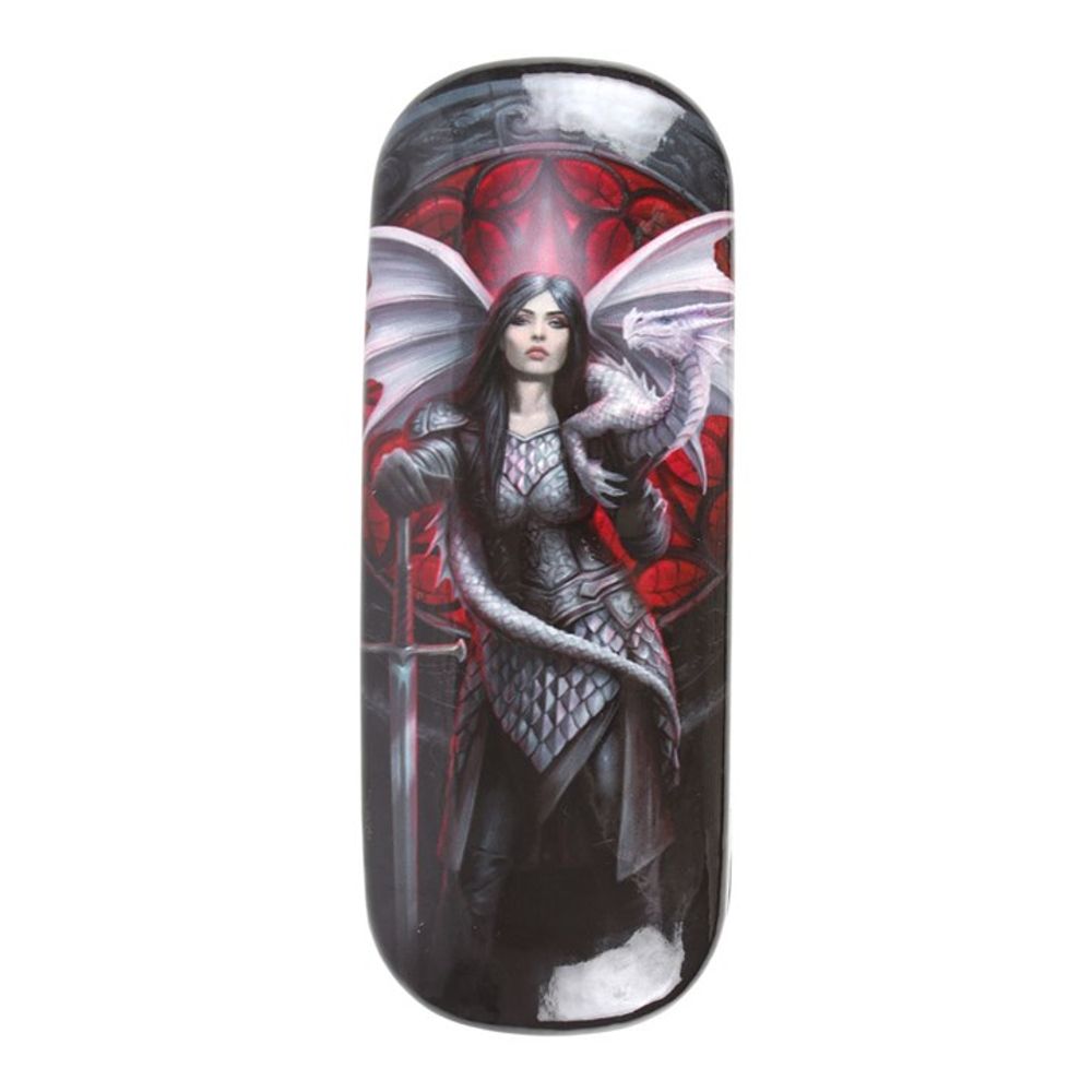 A Gothic-style, hard shell spectacles case showcases Valour artwork by Anne Stokes, depicting a woman in detailed armour. Her long dark hair cascades as she stands before red stained glass, cradling a small dragon on her shoulder with large wings creating a dramatic and mystical effect.